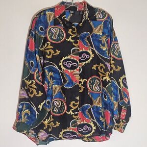 Vintage Basic Editions Top Womens Medium Multi Silk Button Up Music Baroque Fun